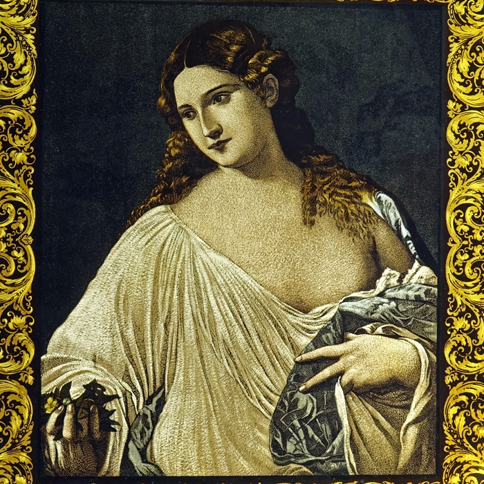 Italy, stained glass windows, La Bella & Flora after Titian