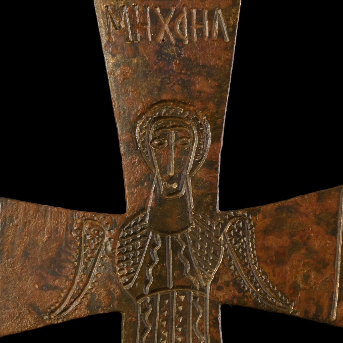 Large Byzantine bronze Processional Cross depicting St. Michael