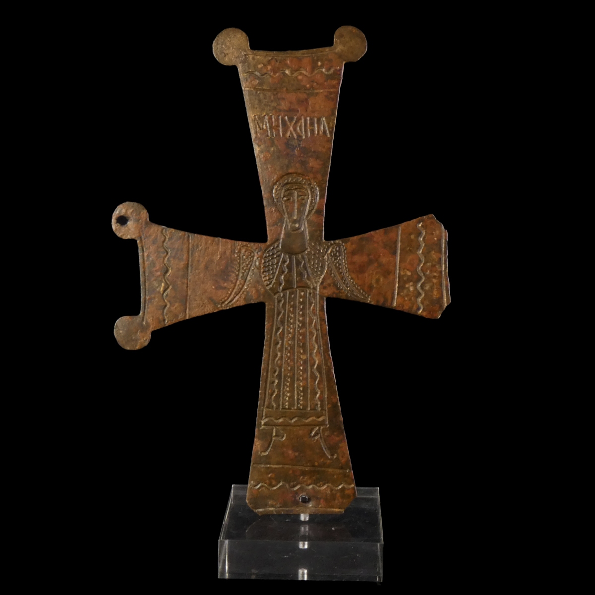 Large Byzantine bronze Processional Cross depicting St. Michael