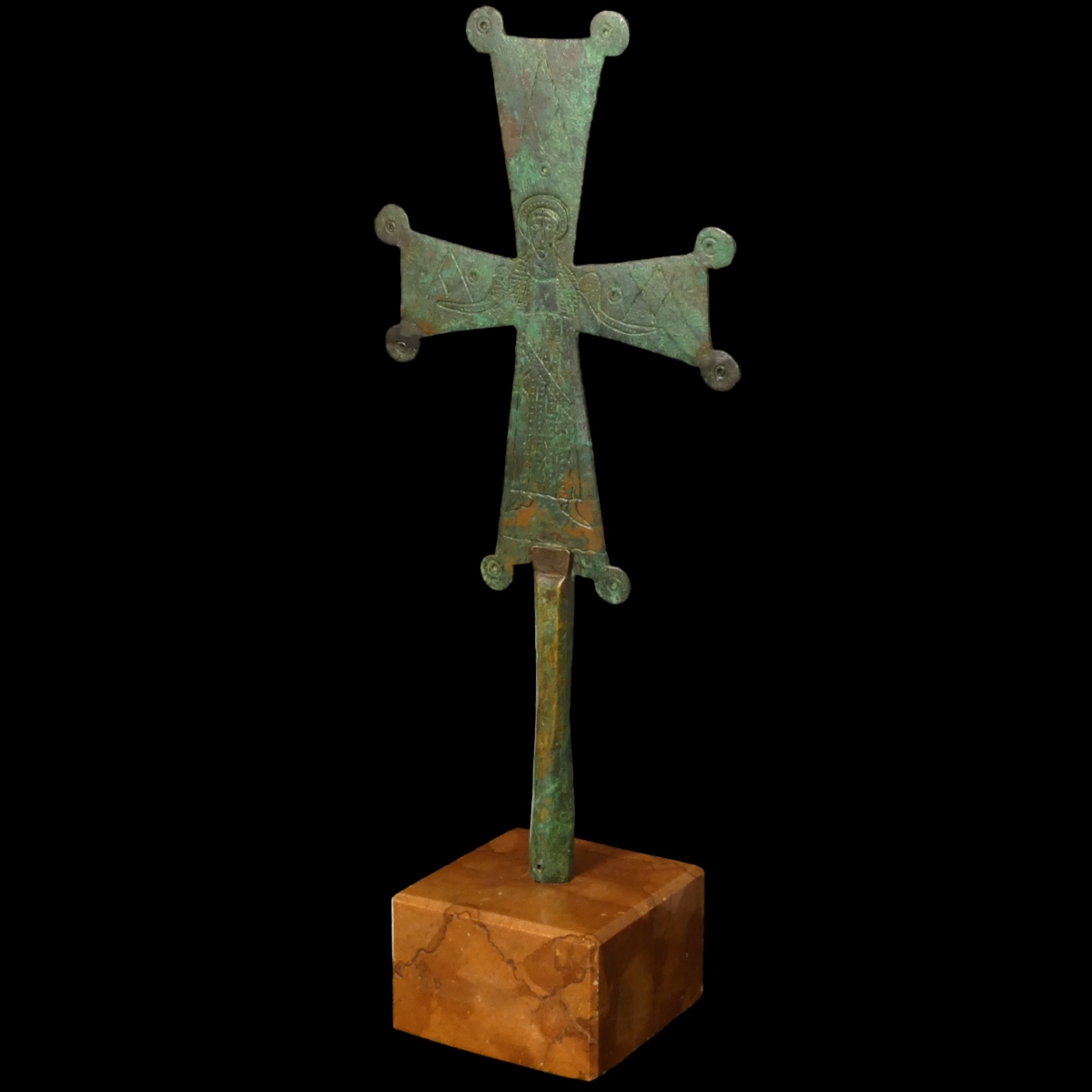 Large Byzantine Bronze Processional Cross with Haloed Saint