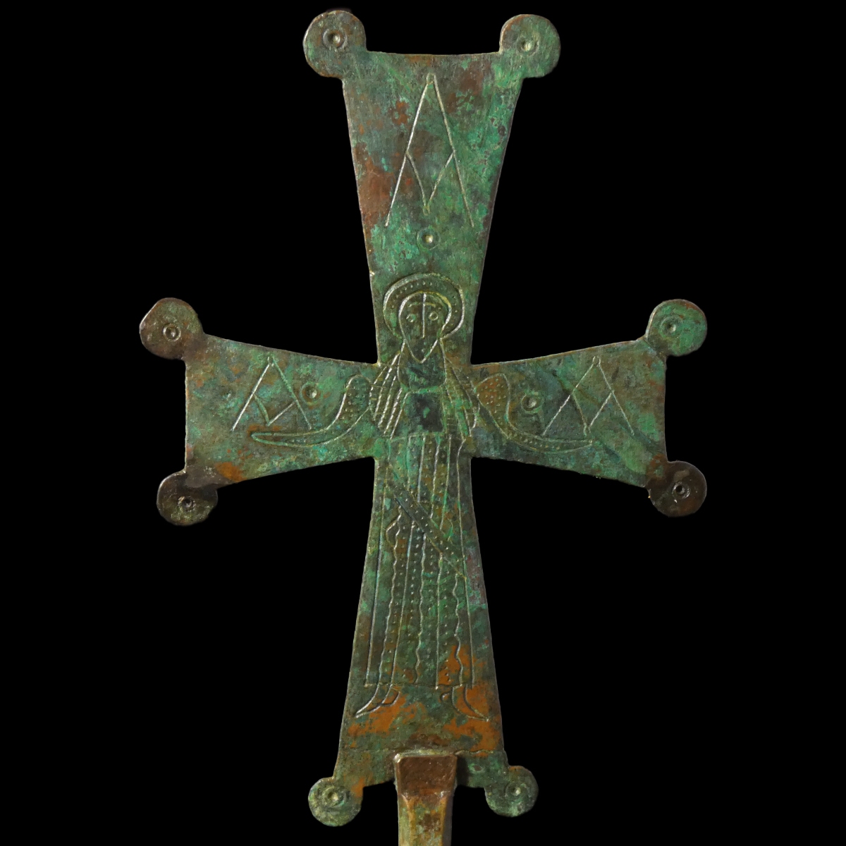 Large Byzantine Bronze Processional Cross with Haloed Saint
