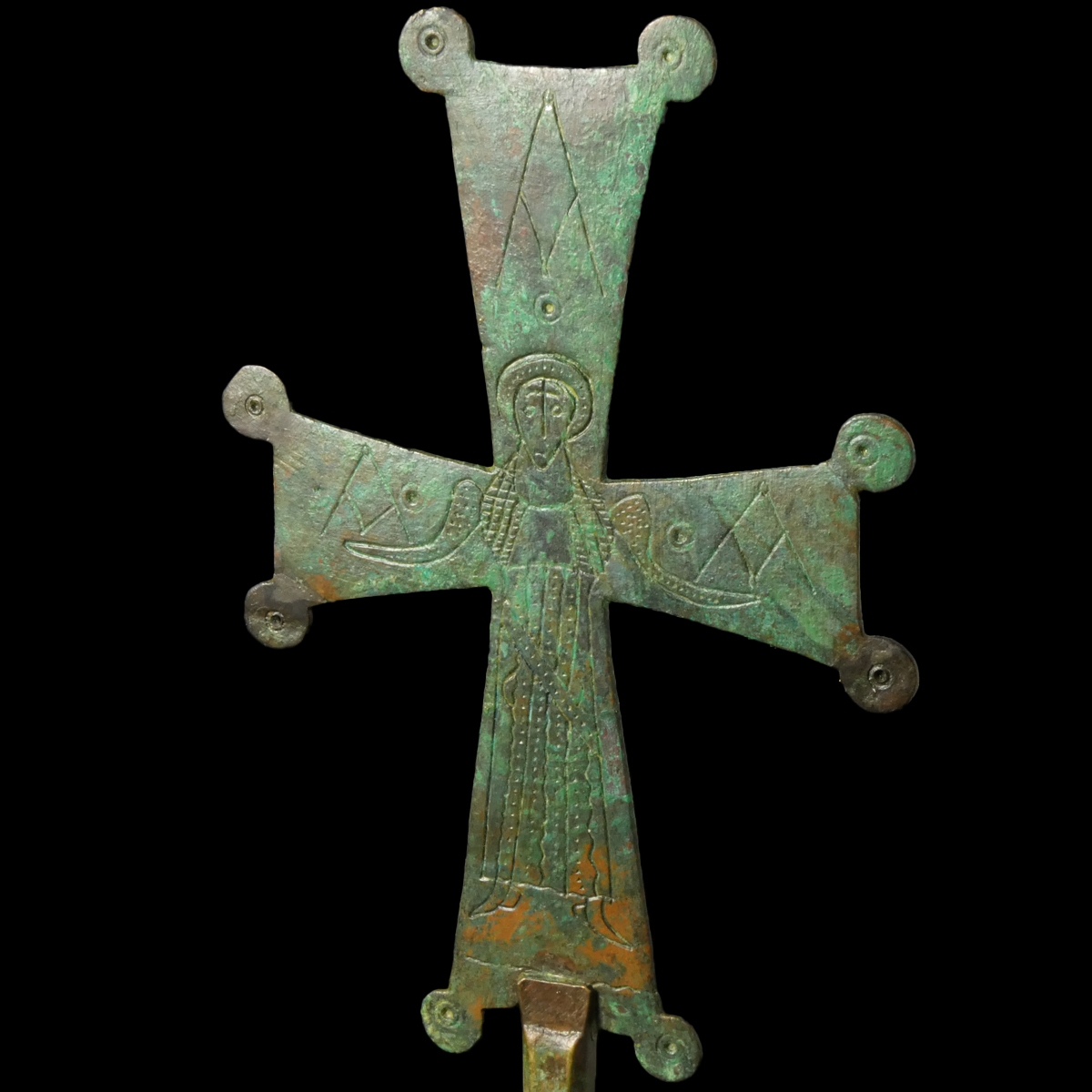 Large Byzantine Bronze Processional Cross with Haloed Saint