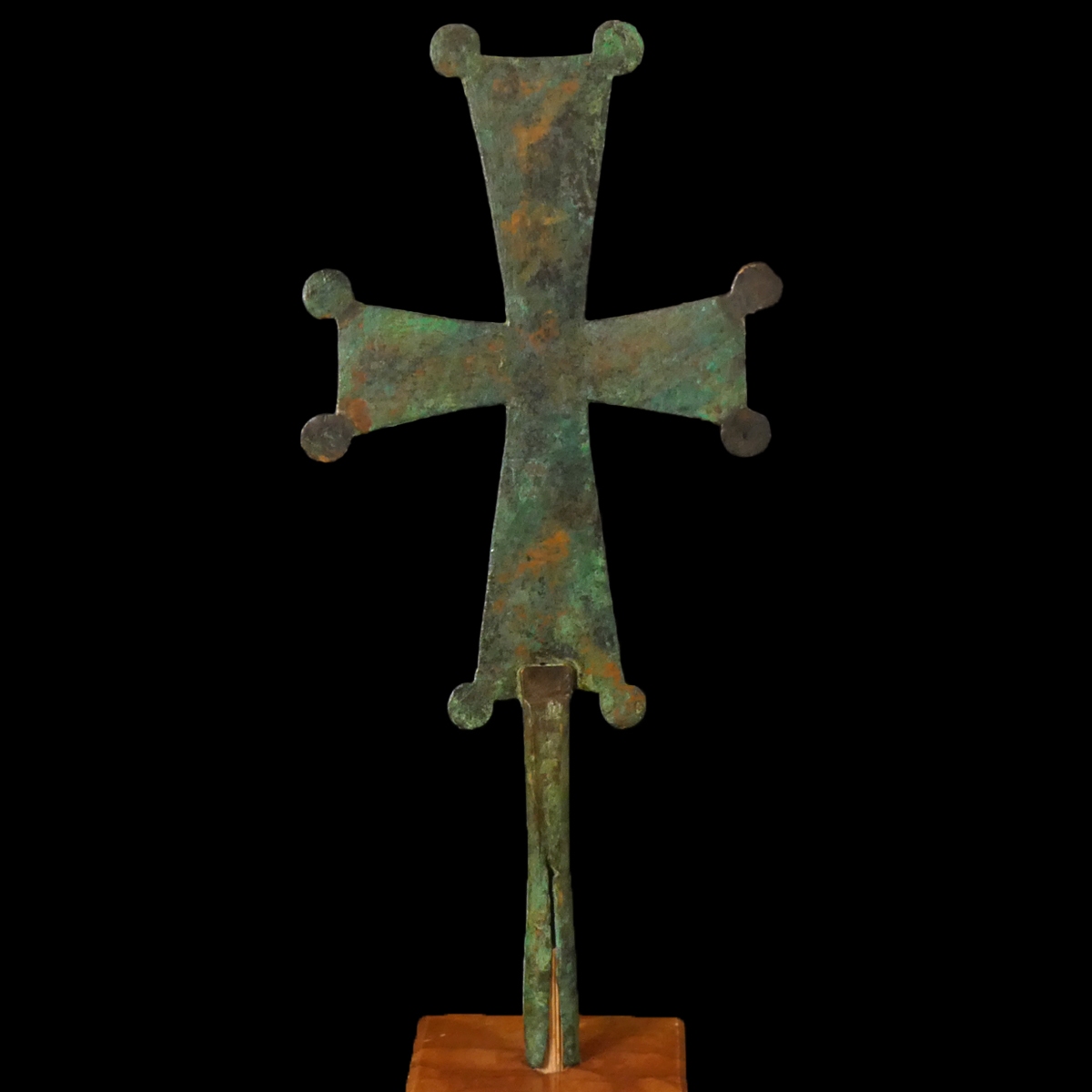 Large Byzantine Bronze Processional Cross with Haloed Saint