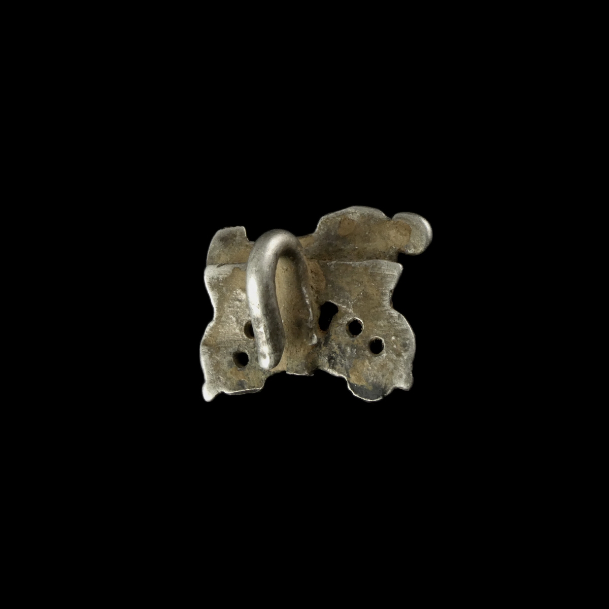 Late Medieval silver openwork dress hook with female figure and floral decoration