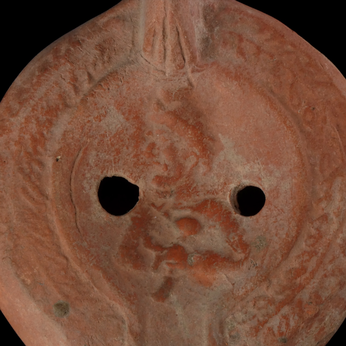Late Roman Red-Slip Oil Lamp with Armoured Bust of Warrior or King