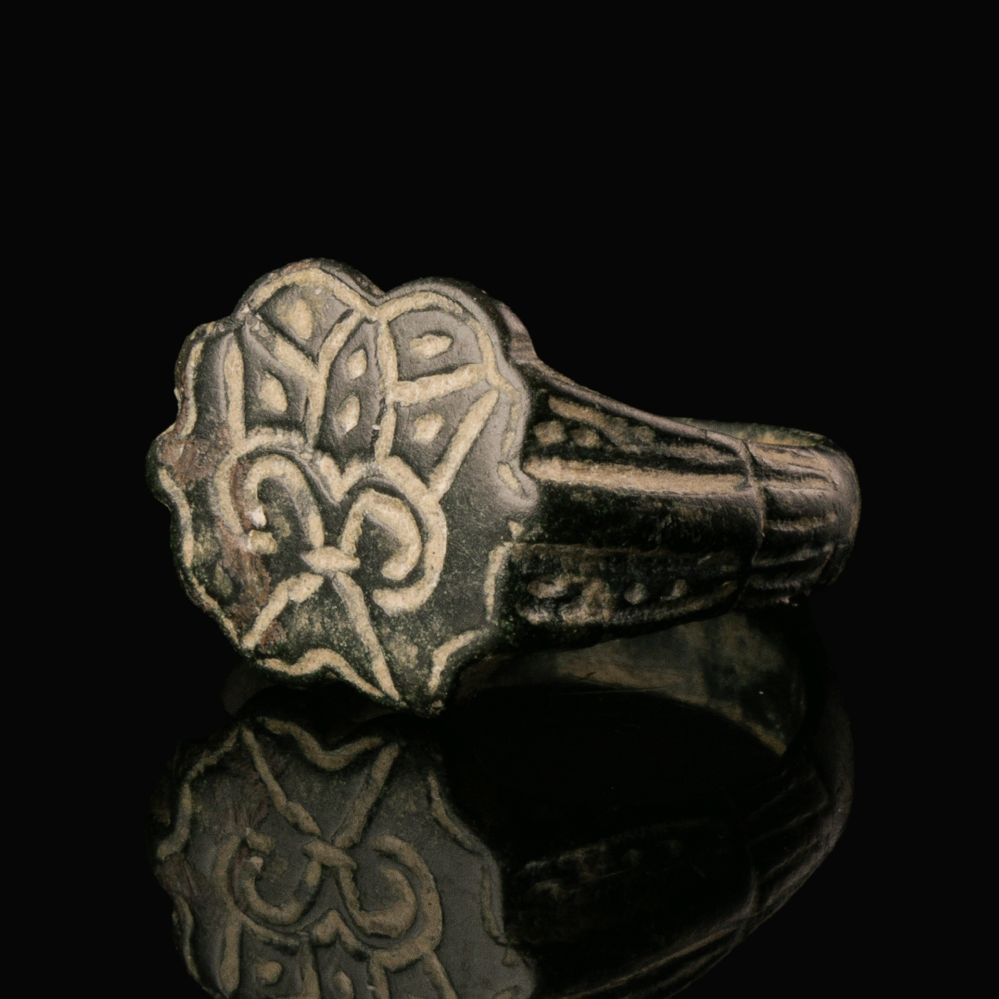 Medieval Bronze Seal Ring with Crowned Fleur-de-Lis
