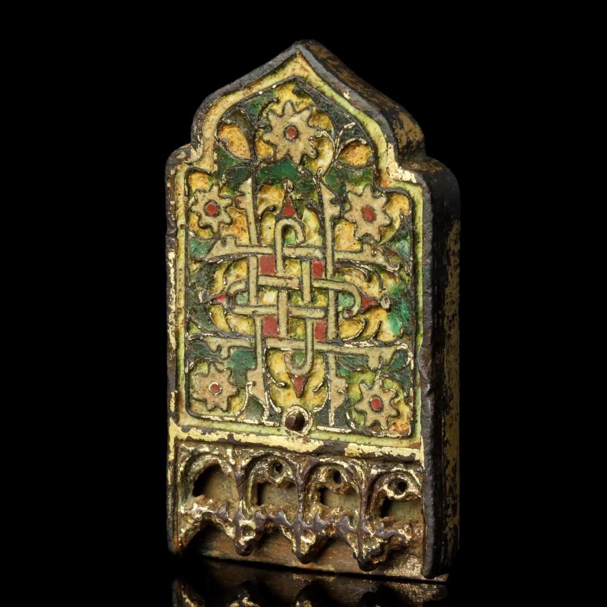 Medieval gilded bronze enamelled strap-end