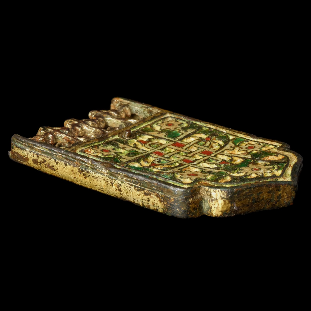 Medieval gilded bronze enamelled strap-end