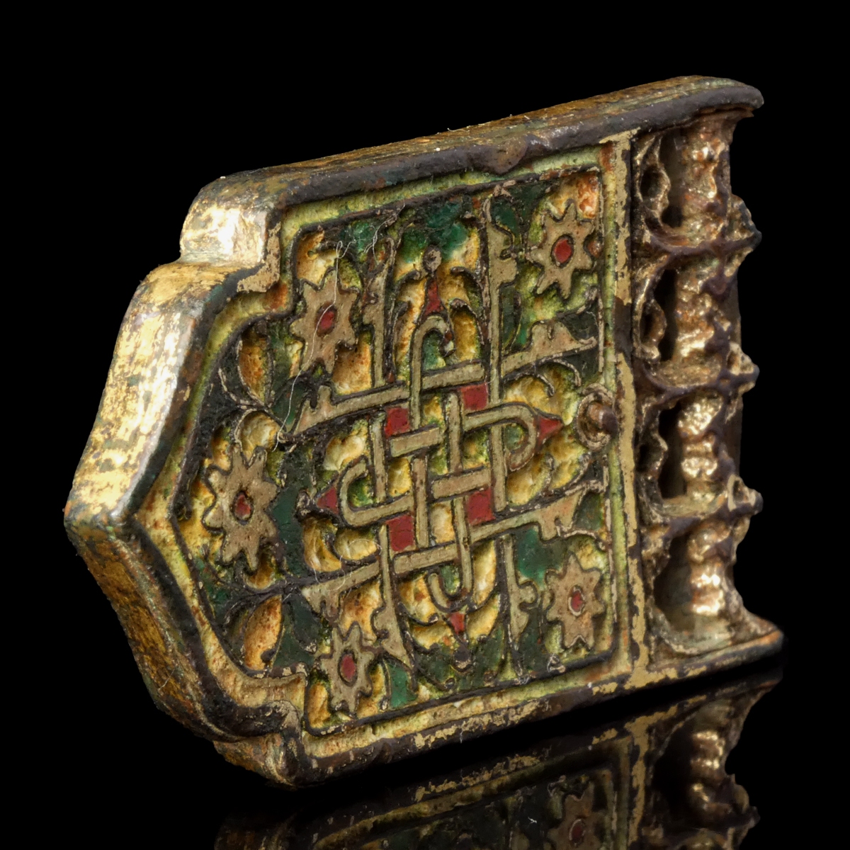 Medieval gilded bronze enamelled strap-end