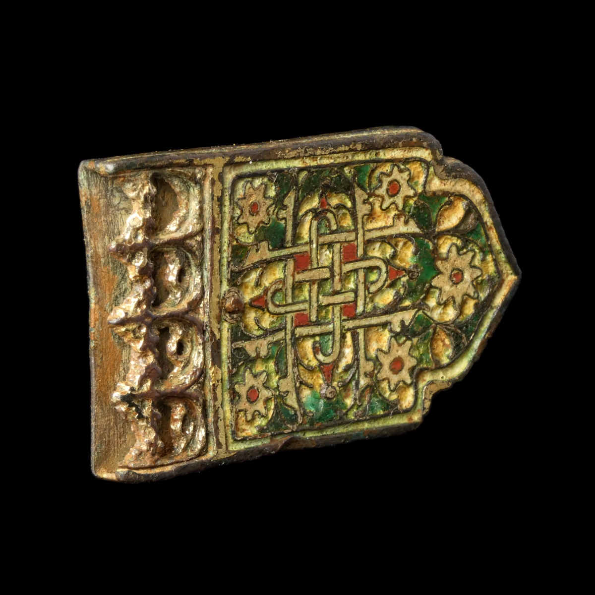 Medieval gilded bronze enamelled strap-end