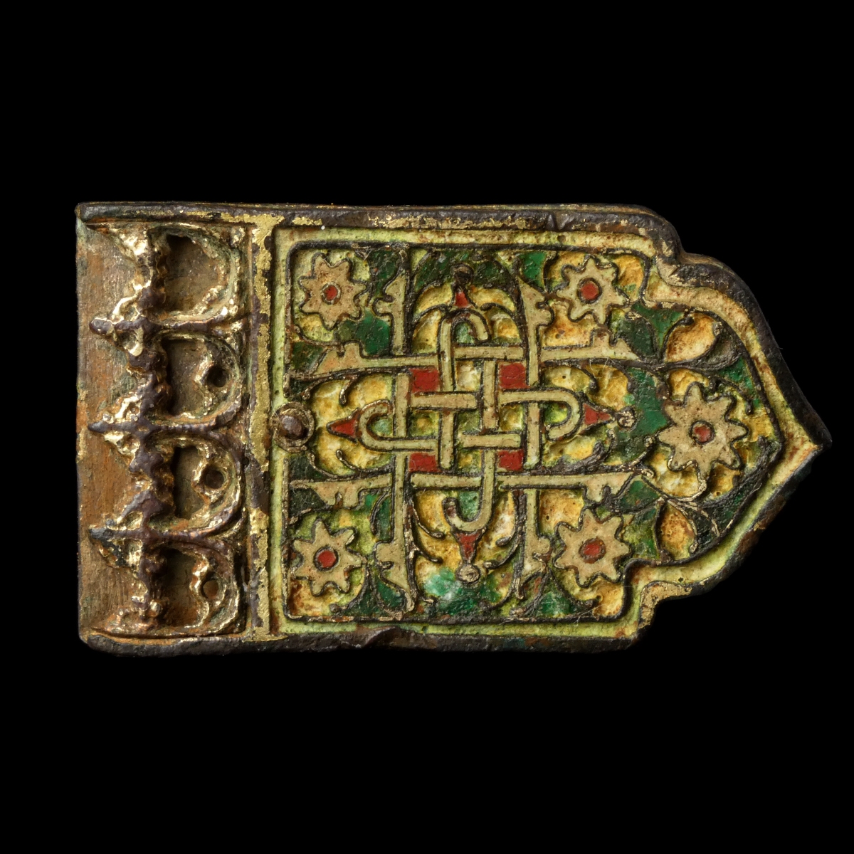 Medieval gilded bronze enamelled strap-end