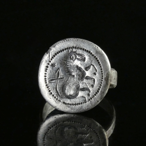 Medieval silver seal ring with a horse