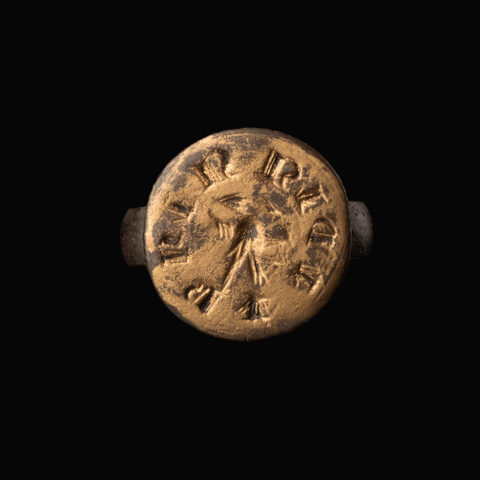 Medieval silver seal ring with Falcon and text