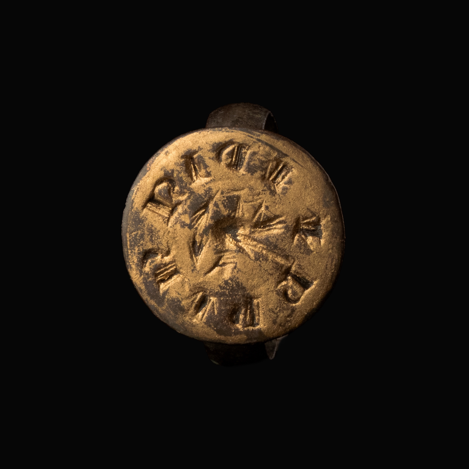 Medieval silver seal ring with Falcon and text