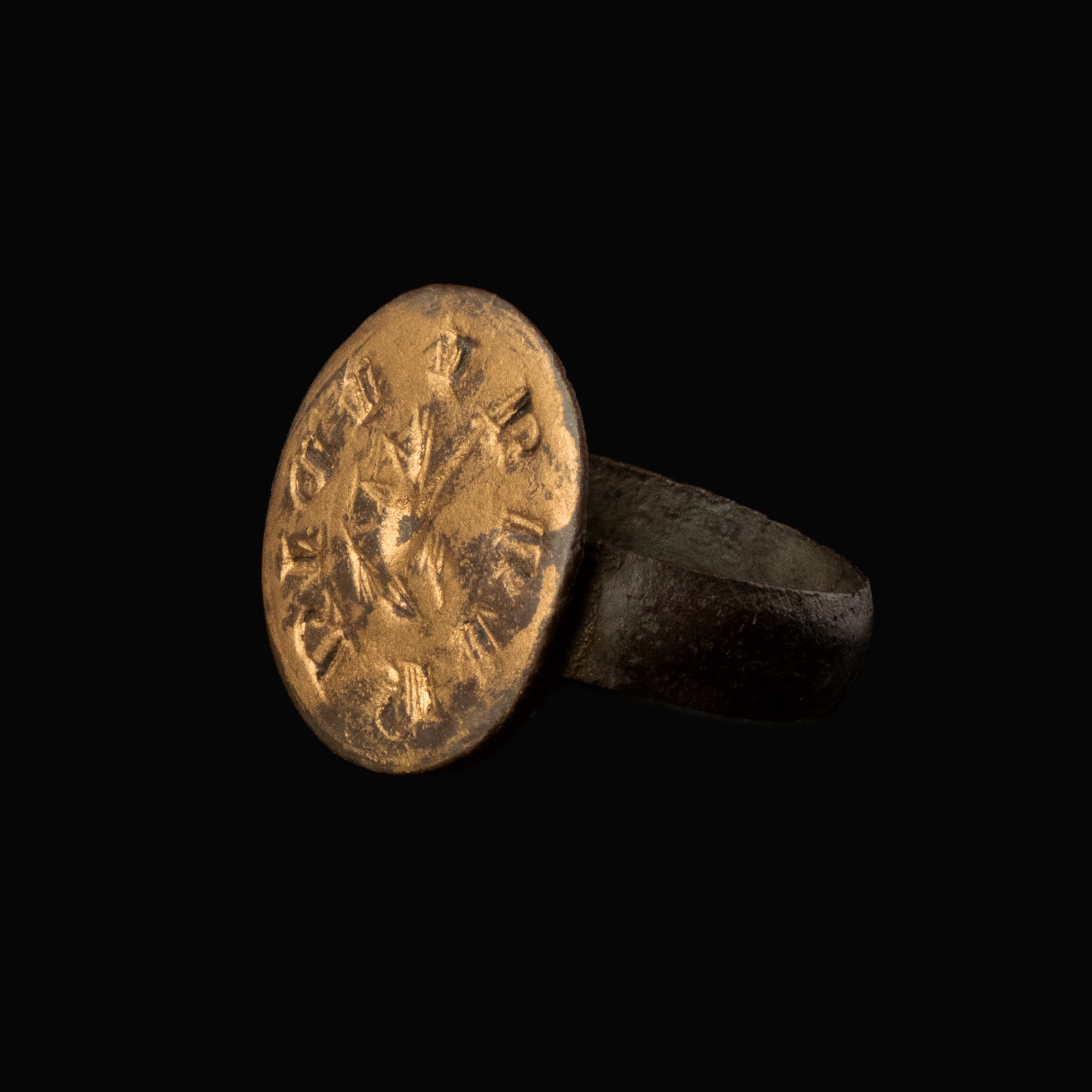 Medieval silver seal ring with Falcon and text