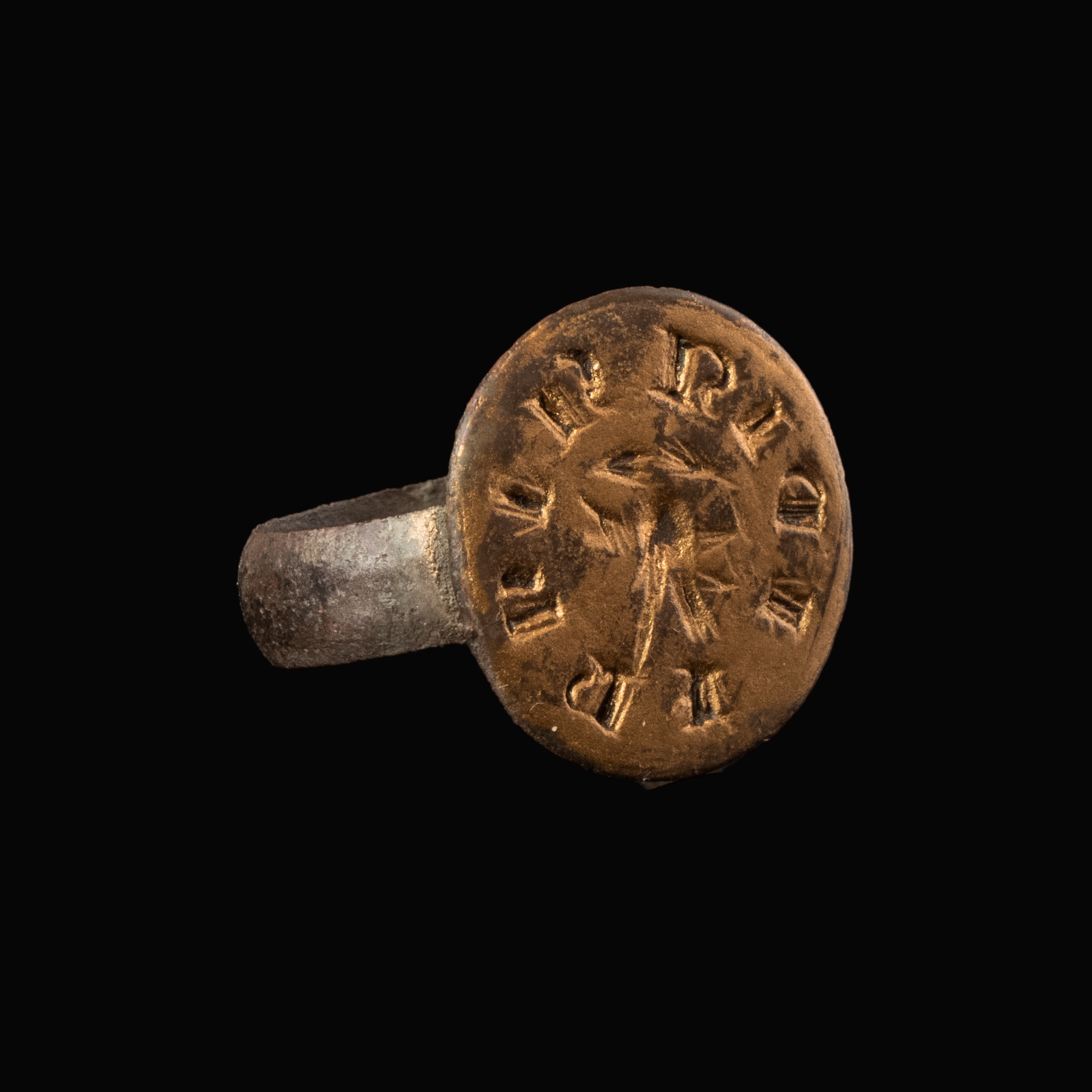 Medieval silver seal ring with Falcon and text