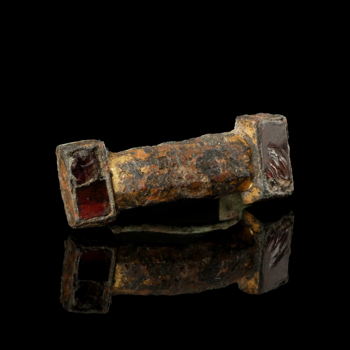 Migration Period, Frankish equal armed gilded bronze brooch with garnet