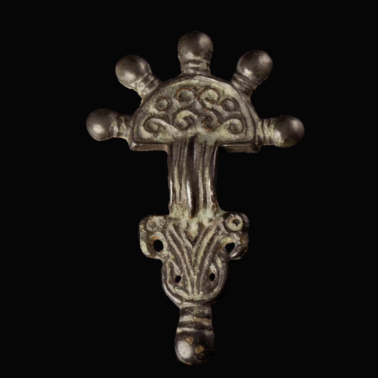 Migration Period, Merovingian silver radiate-headed brooch with bird-heads
