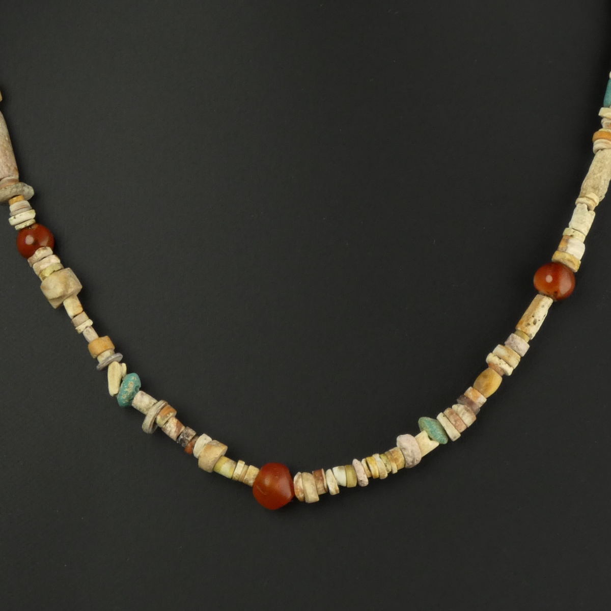 Necklace with ancient Egyptian multicoloured faience, glass, carnelian beads