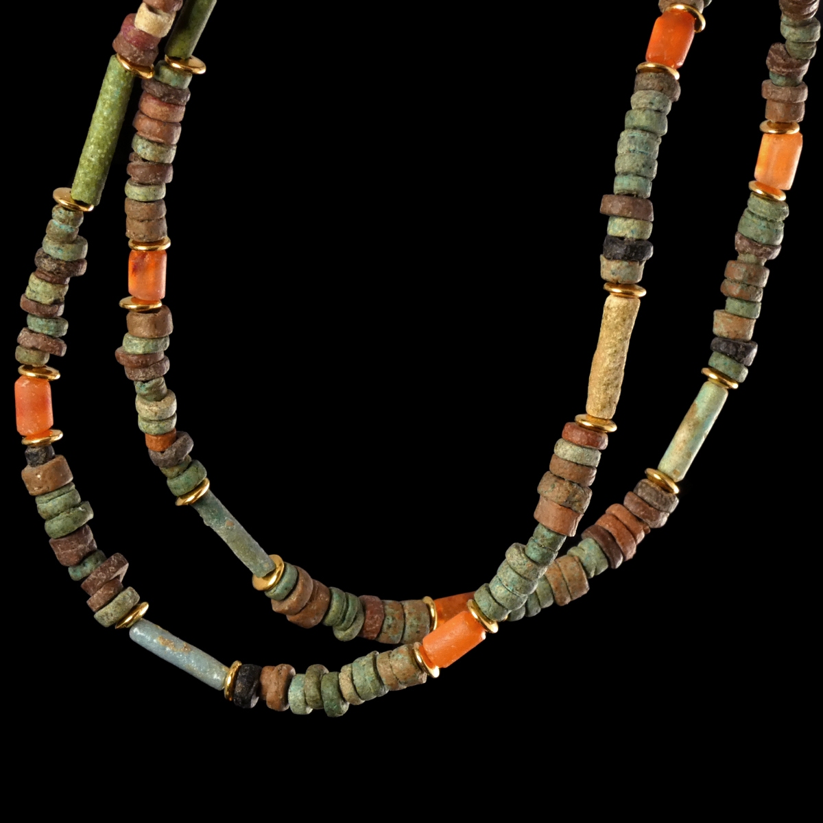 Necklace with ancient Egyptian multicoloured faience and carnelian beads