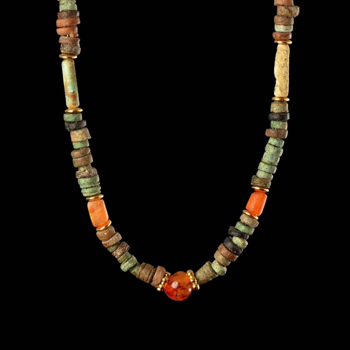 Necklace with ancient Egyptian multicoloured faience and carnelian beads