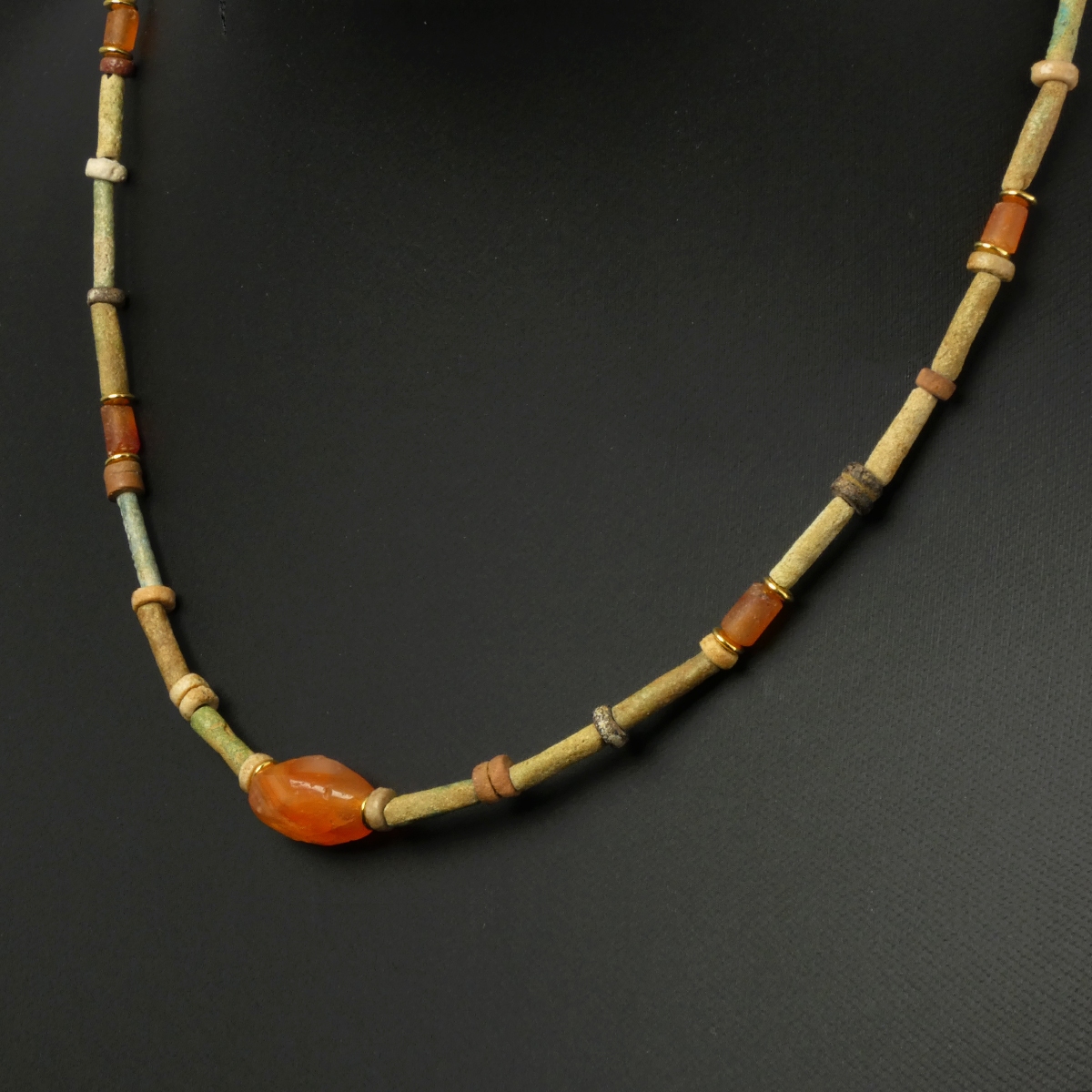 Necklace with ancient Egyptian multicoloured faience and carnelian beads
