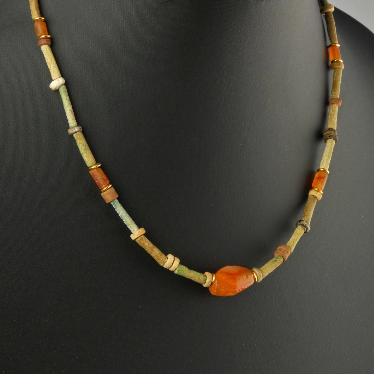Necklace with ancient Egyptian multicoloured faience and carnelian beads