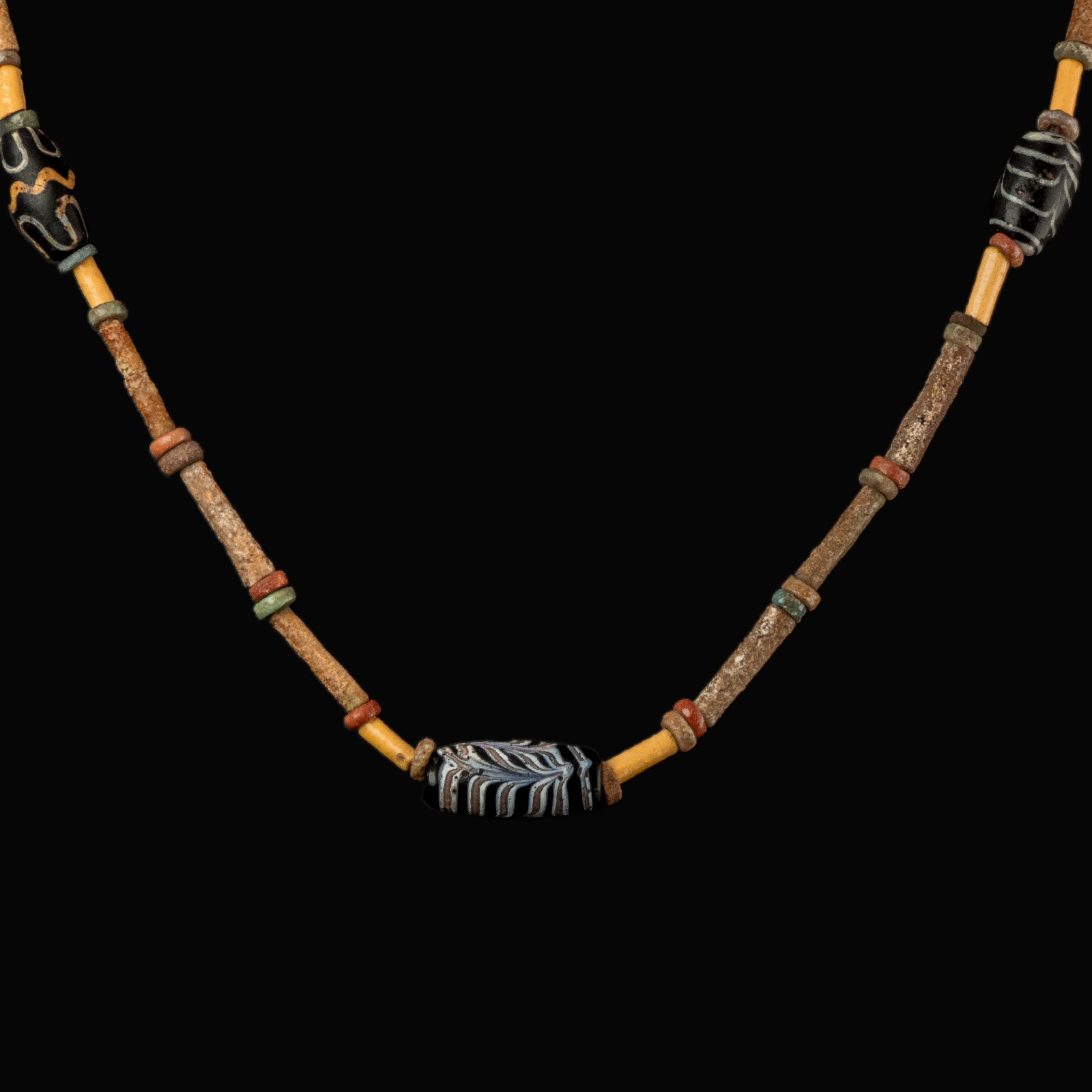 Necklace with ancient Egyptian multicoloured faience and decorated polychrome glass beads