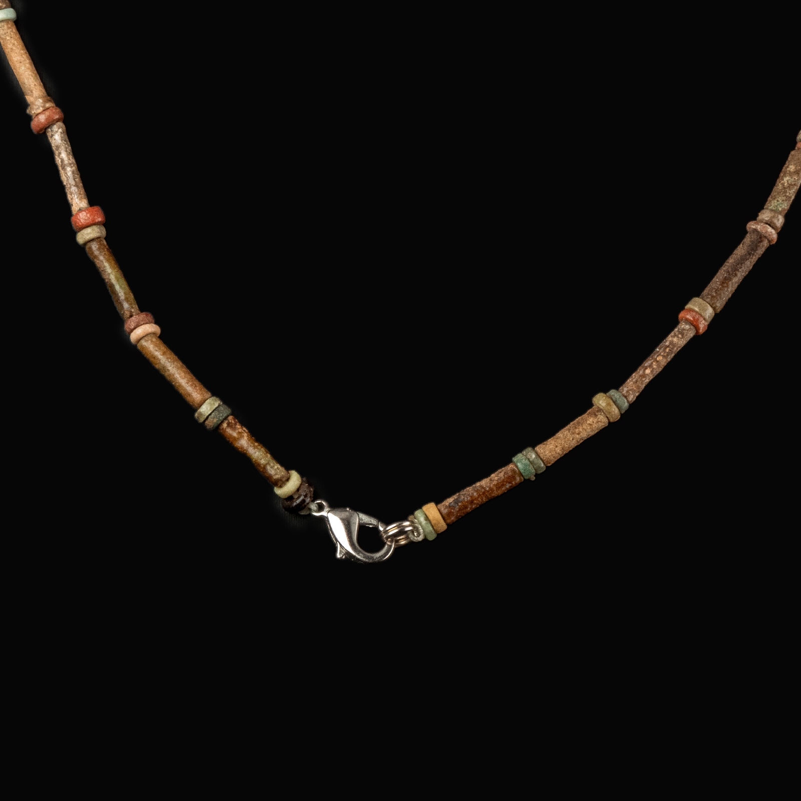 Necklace with ancient Egyptian multicoloured faience and decorated polychrome glass beads