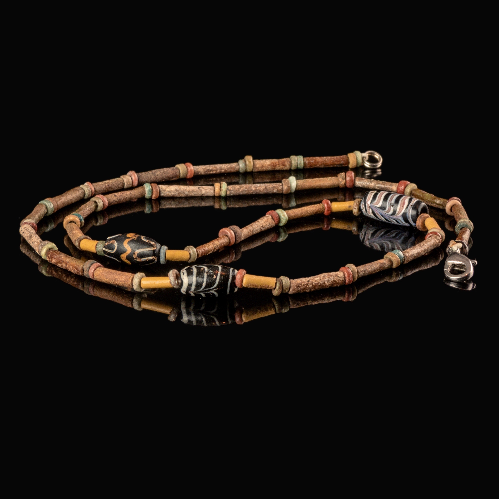 Necklace with ancient Egyptian multicoloured faience and decorated polychrome glass beads
