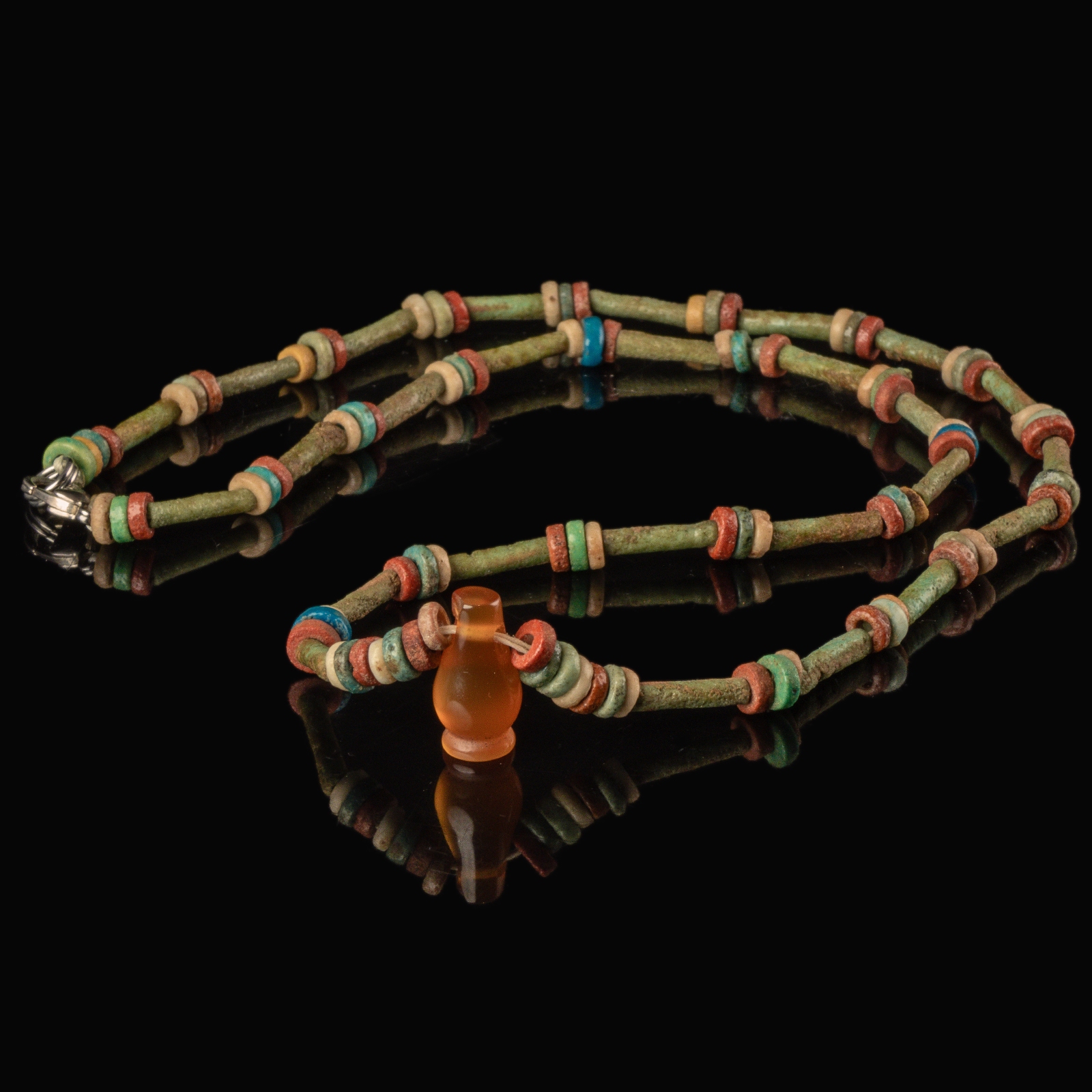 Necklace with ancient Egyptian multicoloured faience beads and carnelian poppy amulet