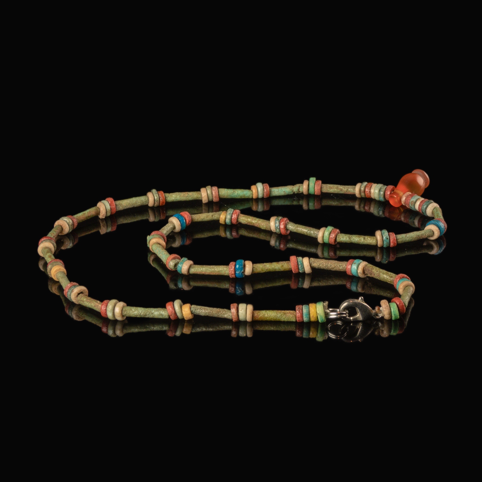 Necklace with ancient Egyptian multicoloured faience beads and carnelian poppy amulet