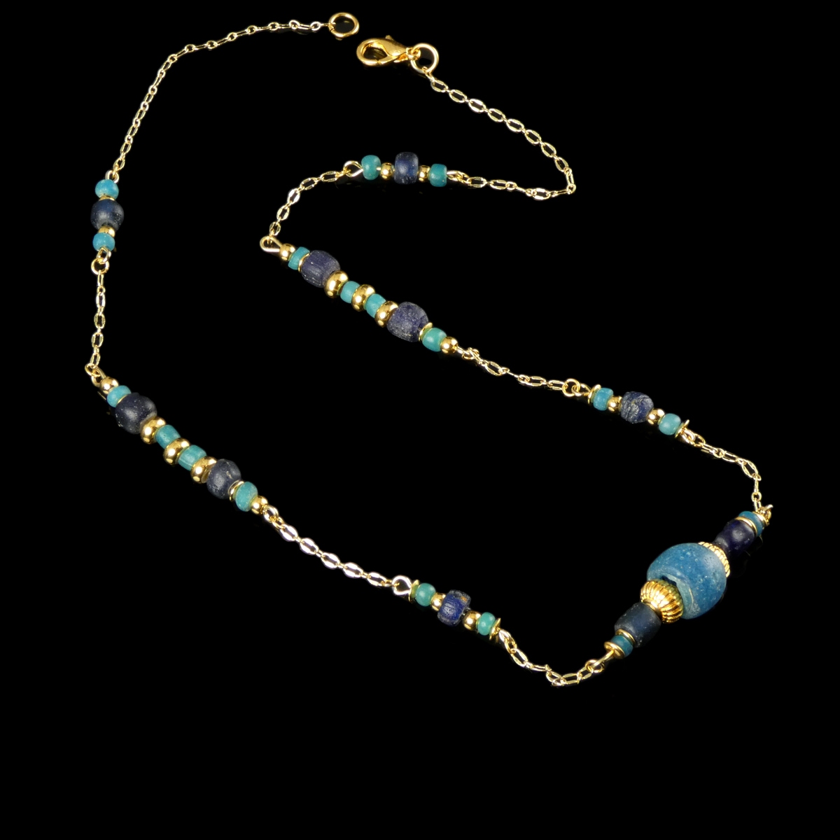 Necklace with Ancient Roman Blue and Turquoise Glass Beads
