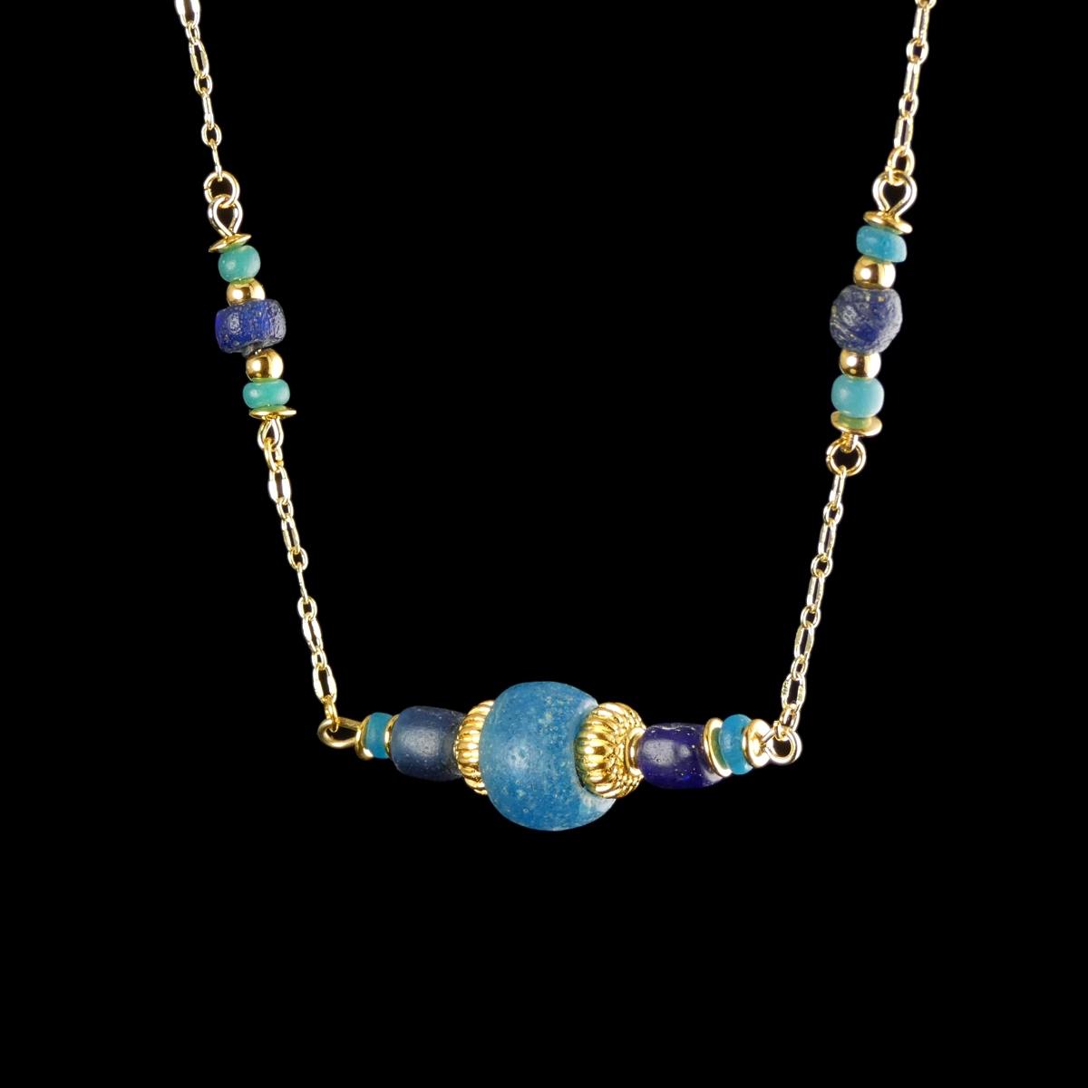 Necklace with Ancient Roman Blue and Turquoise Glass Beads