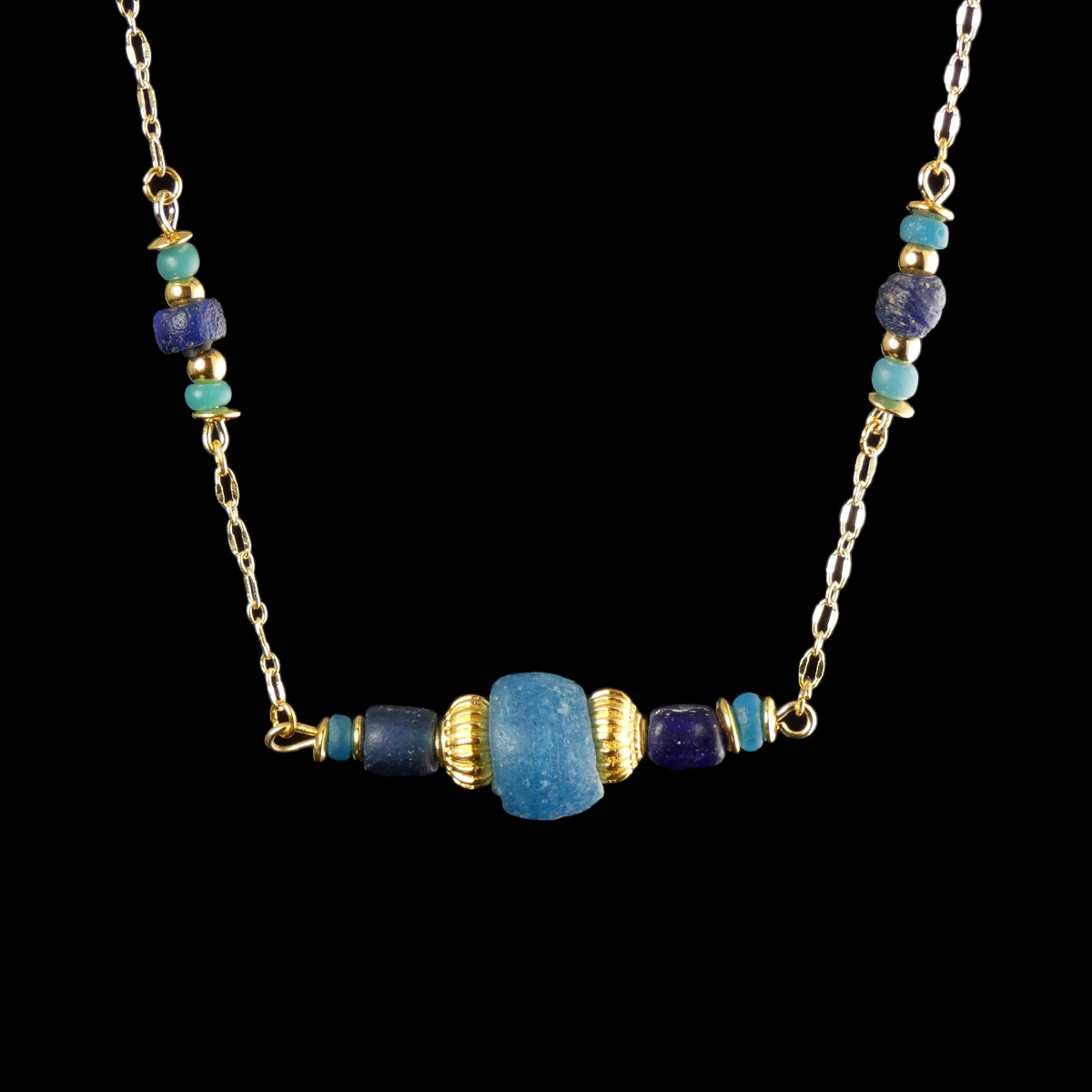 Necklace with Ancient Roman Blue and Turquoise Glass Beads