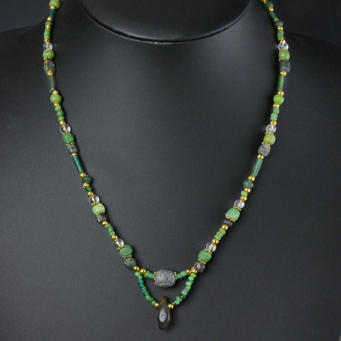 Necklace with Ancient Roman Green Glass and Stone Beads