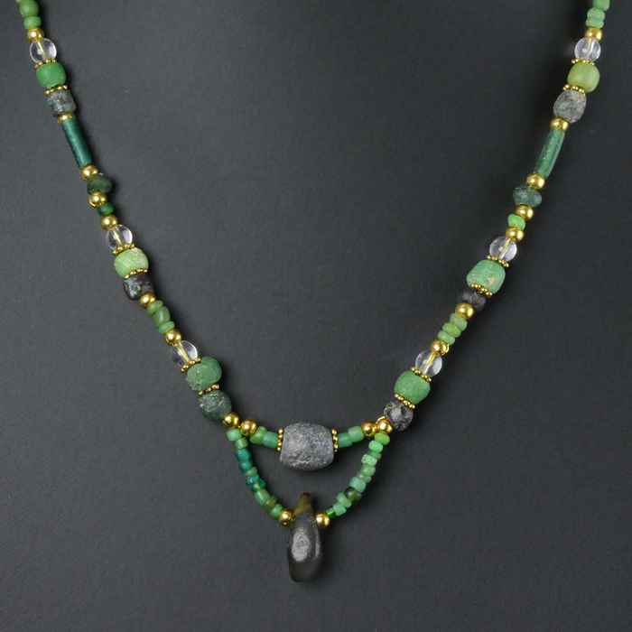 Necklace with Ancient Roman Green Glass and Stone Beads