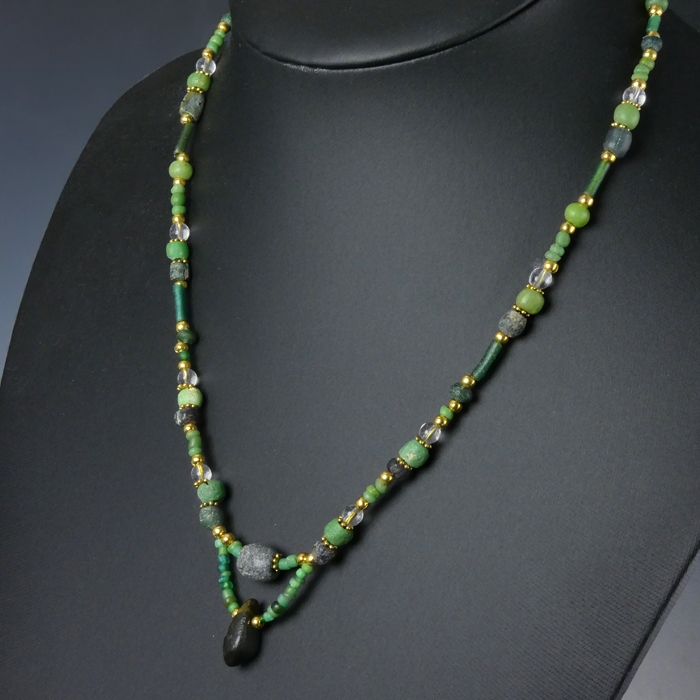 Necklace with Ancient Roman Green Glass and Stone Beads