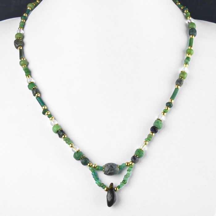 Necklace with Ancient Roman Green Glass and Stone Beads