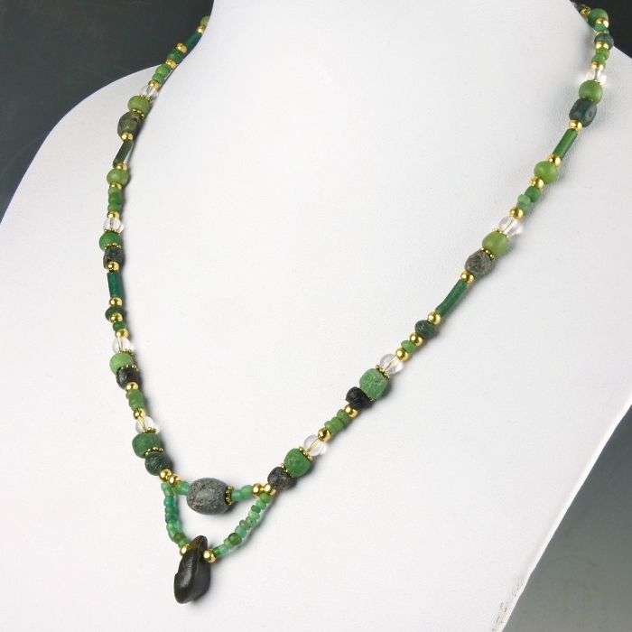 Necklace with Ancient Roman Green Glass and Stone Beads