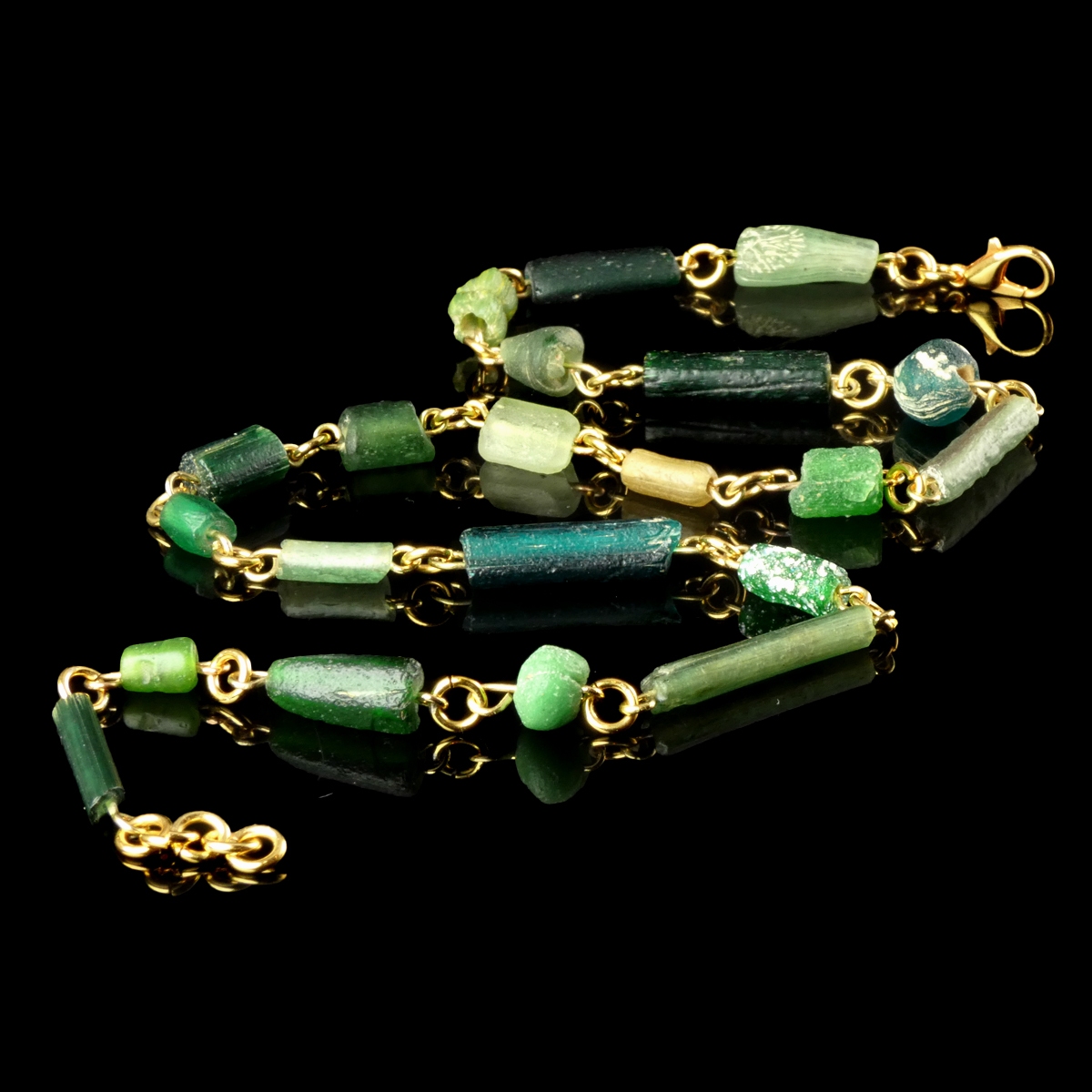Necklace with Ancient Roman Green Glass Beads = Linked Design