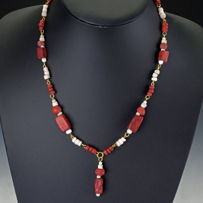 Necklace with Ancient Roman Red Glass and Shell Beads - Linked Design