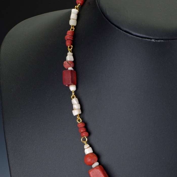Necklace with Ancient Roman Red Glass and Shell Beads - Linked Design