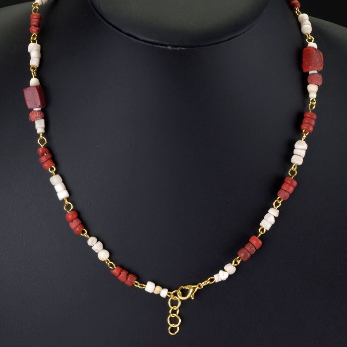 Necklace with Ancient Roman Red Glass and Shell Beads - Linked Design