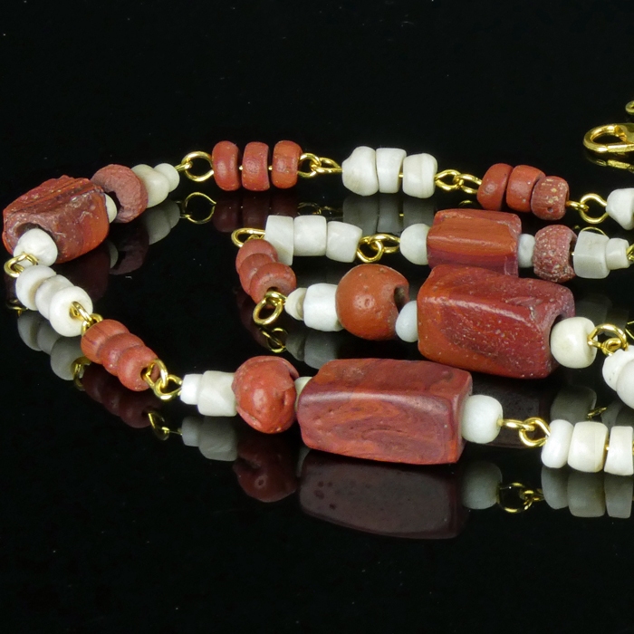 Necklace with Ancient Roman Red Glass and Shell Beads - Linked Design