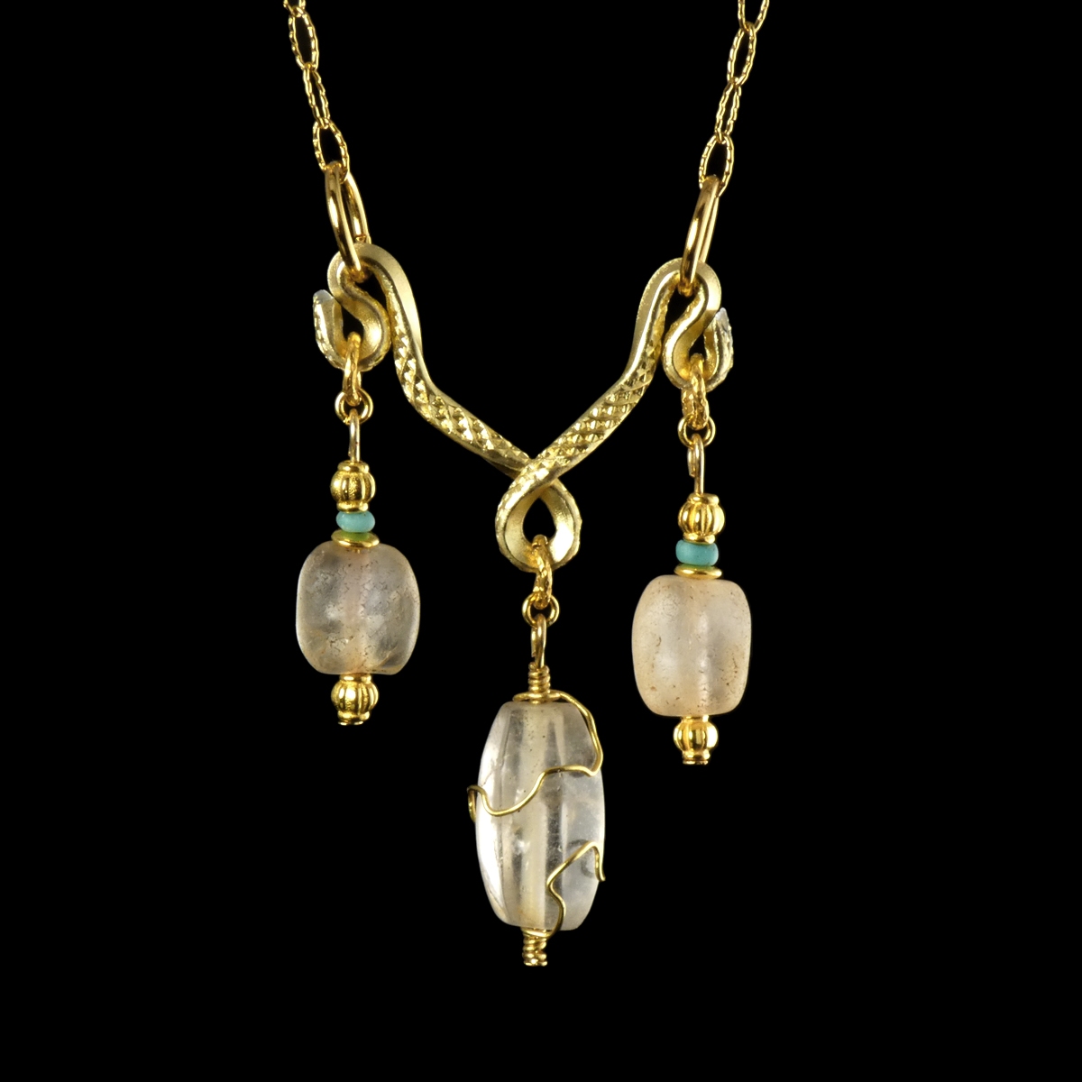 Necklace with Ancient Roman Rock Crystal and Turquoise Glass Beads
