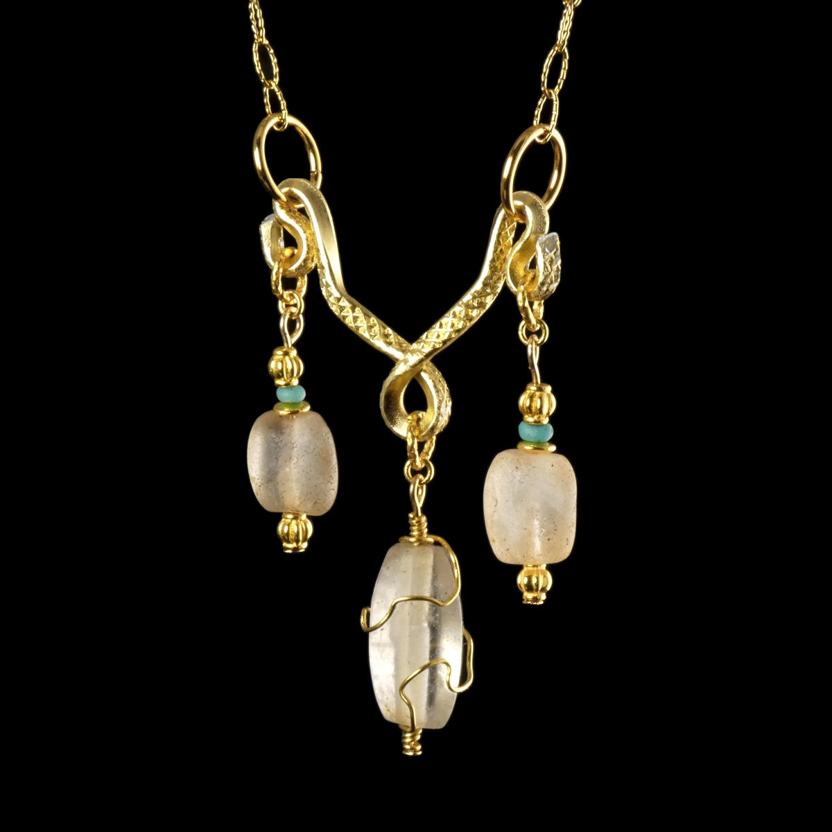 Necklace with Ancient Roman Rock Crystal and Turquoise Glass Beads