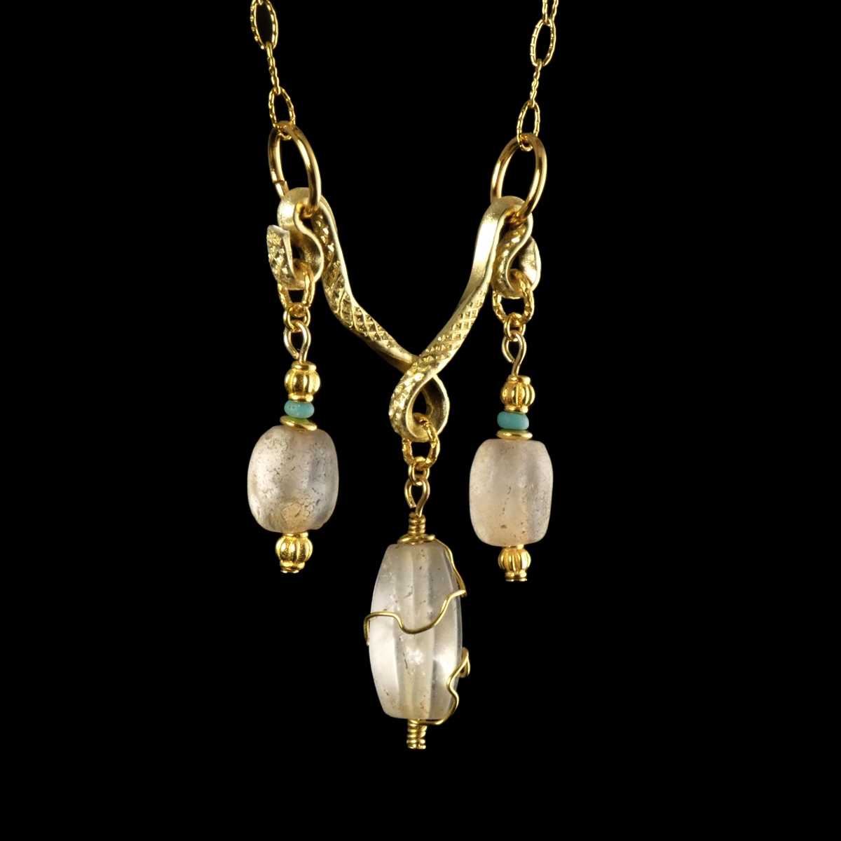 Necklace with Ancient Roman Rock Crystal and Turquoise Glass Beads