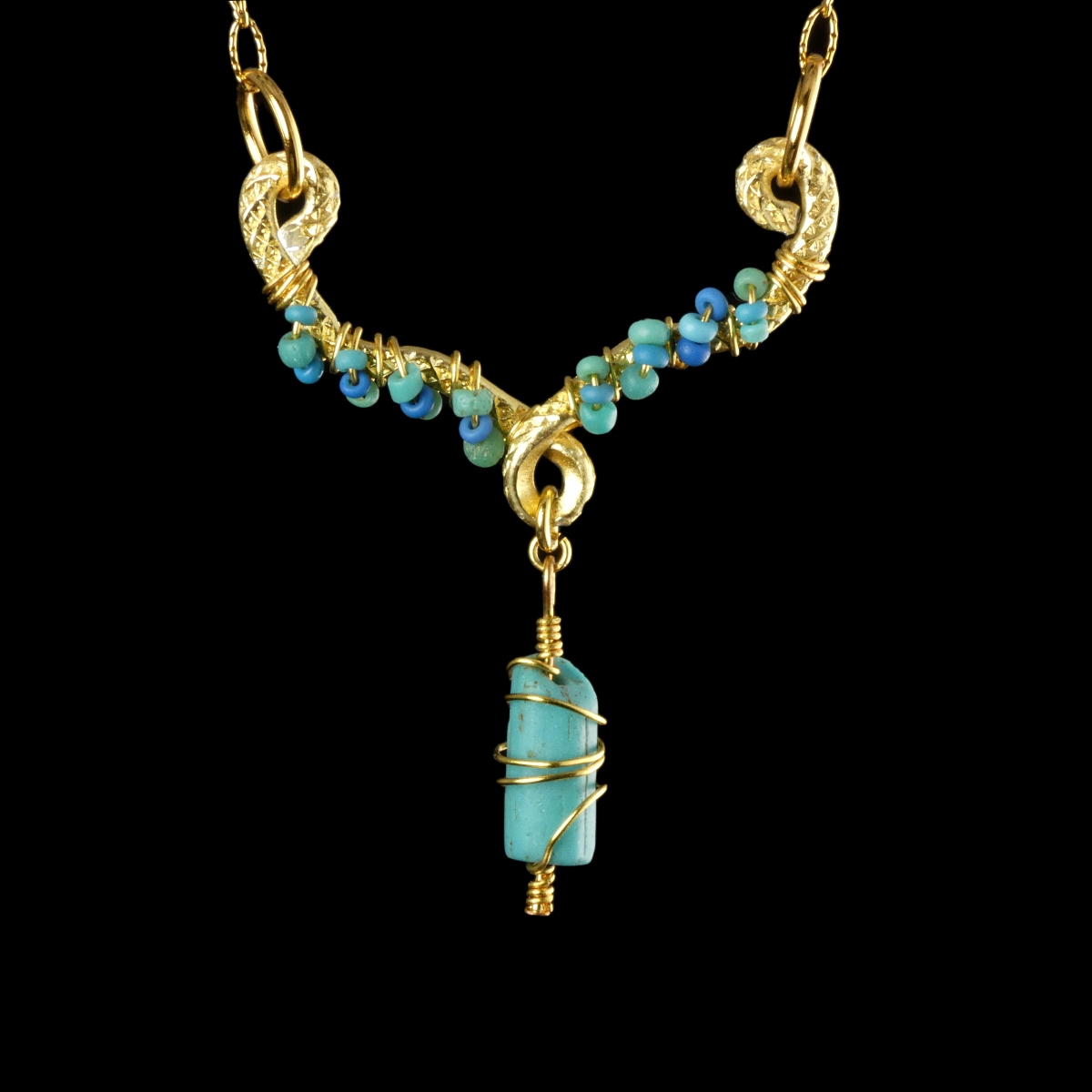 Necklace with Ancient Roman Turquoise Glass Beads - Wire-Wrapped Design
