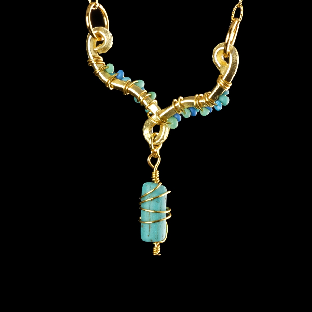 Necklace with Ancient Roman Turquoise Glass Beads - Wire-Wrapped Design